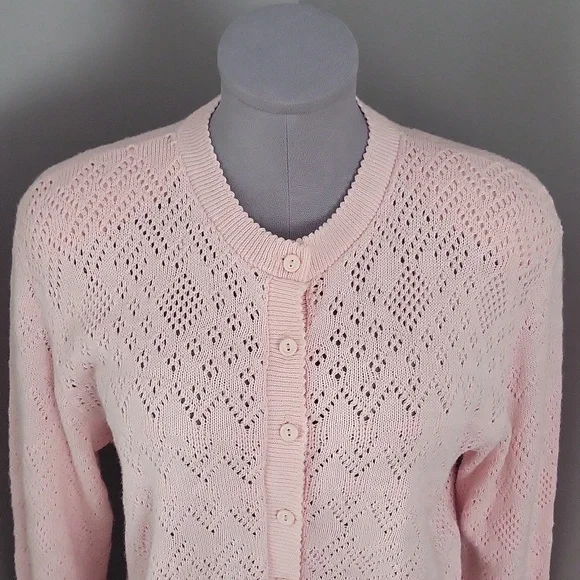 Vintage 80s Helen Harper Pink Pointelle Cardigan | Structured Shoulder | L - Picture 2 of 11